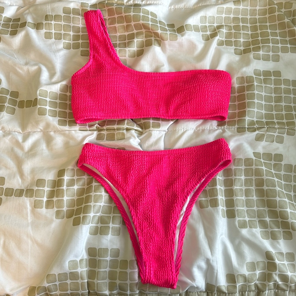Pink Ribbed One Shoulder High-Waisted Bikini Set